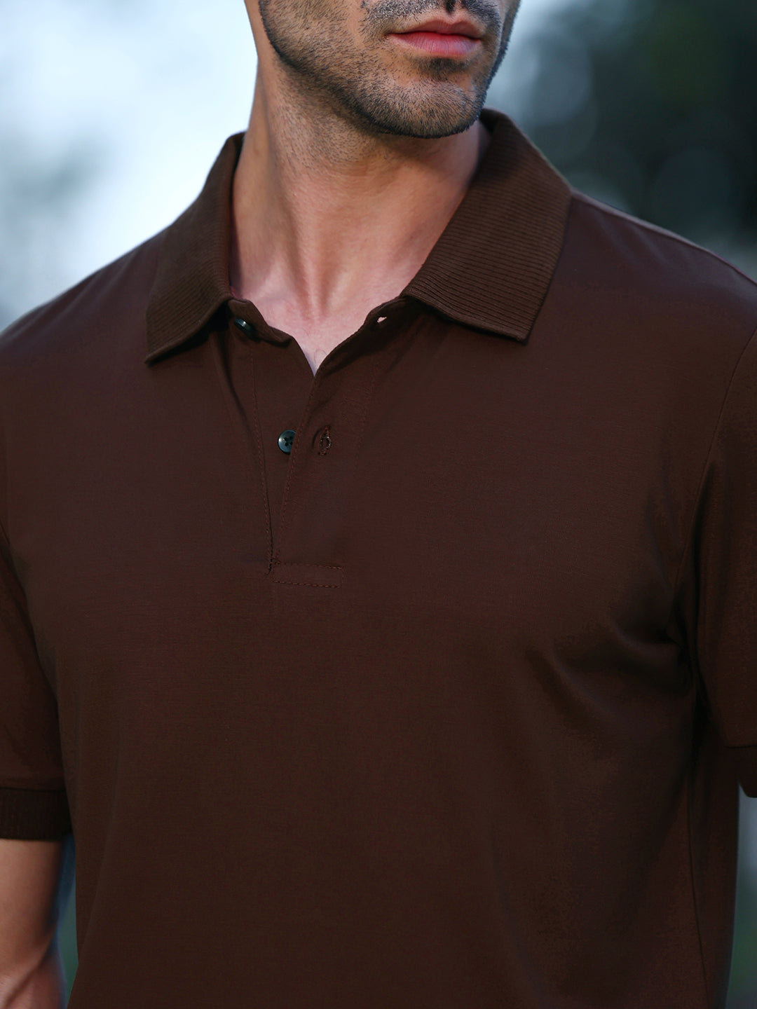 Solid Dark Brown Polo Collar Short Sleeve Polycotton T-Shirt