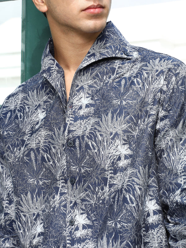 Navy Botanical Print Cotton Blend Shirt