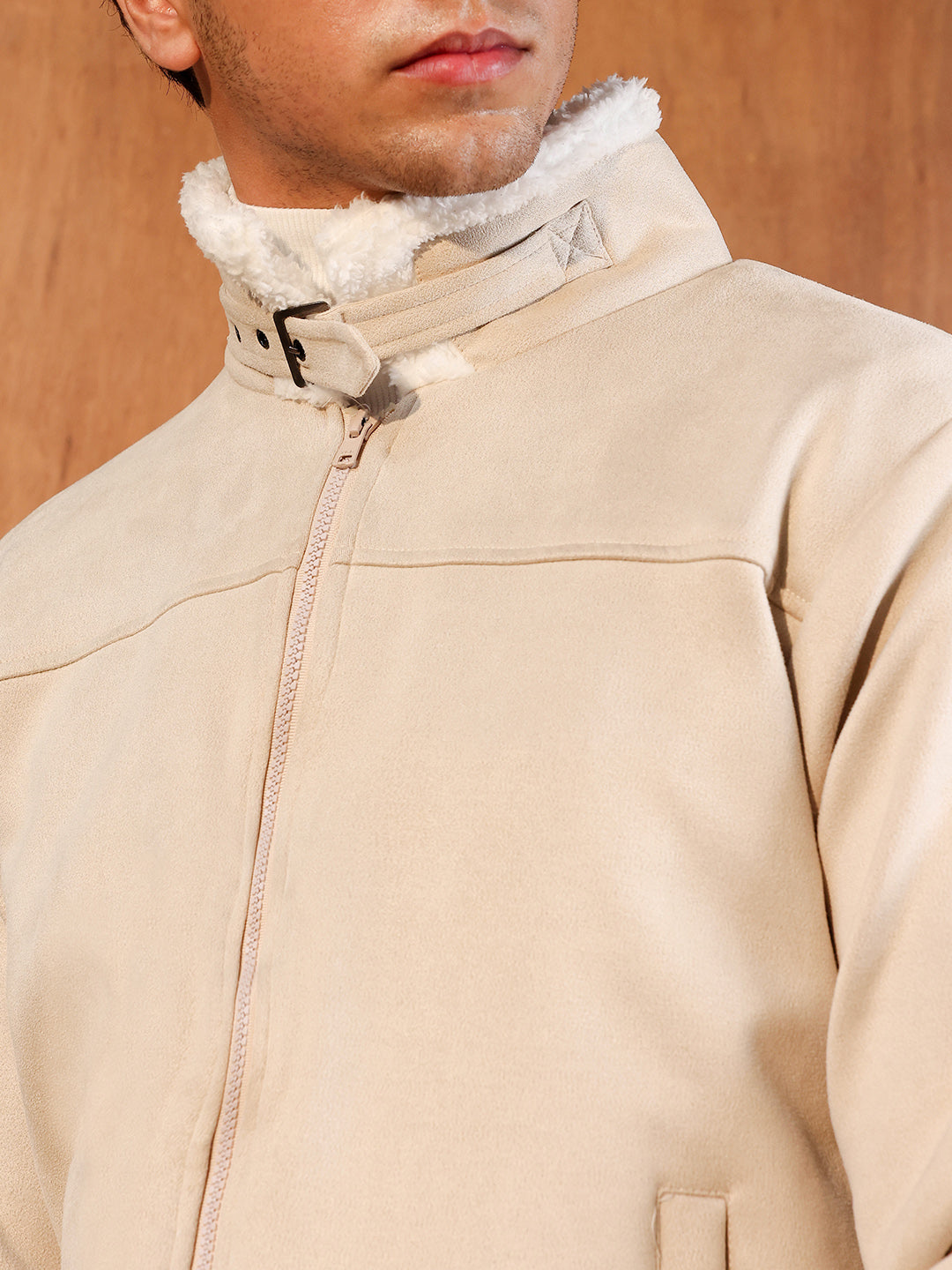 Fur-Lined Suede Bomber Jacket