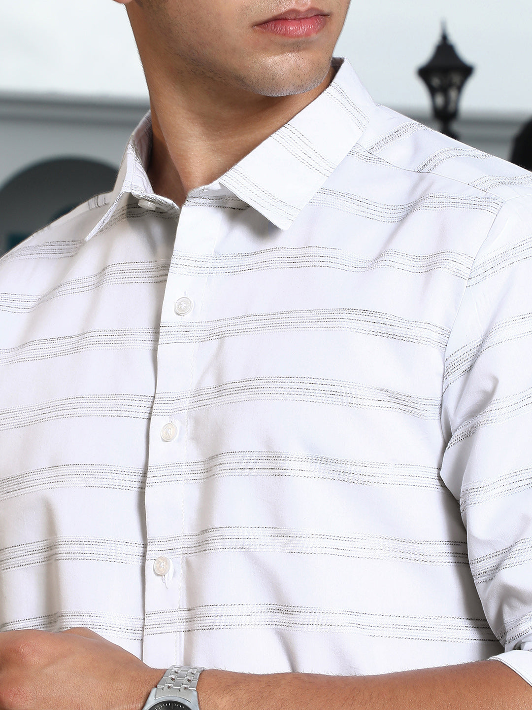 White Textured Stripe Slim Fit Shirt