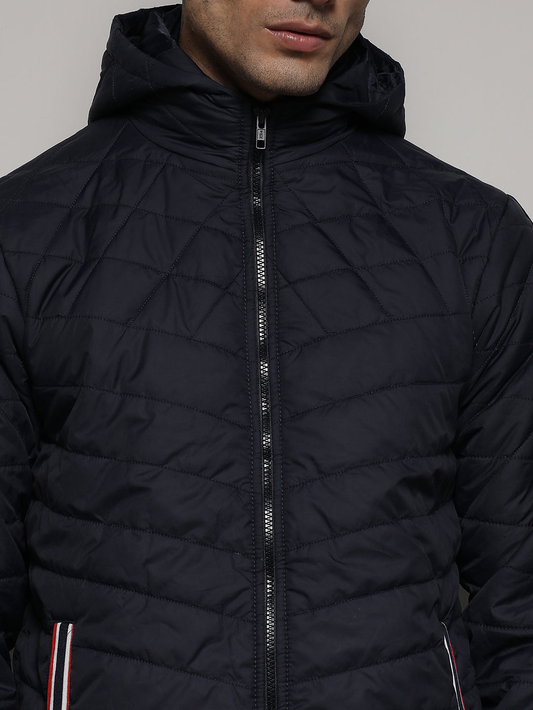Quilted Puffer Jacket With Contrast Striped Sleeve