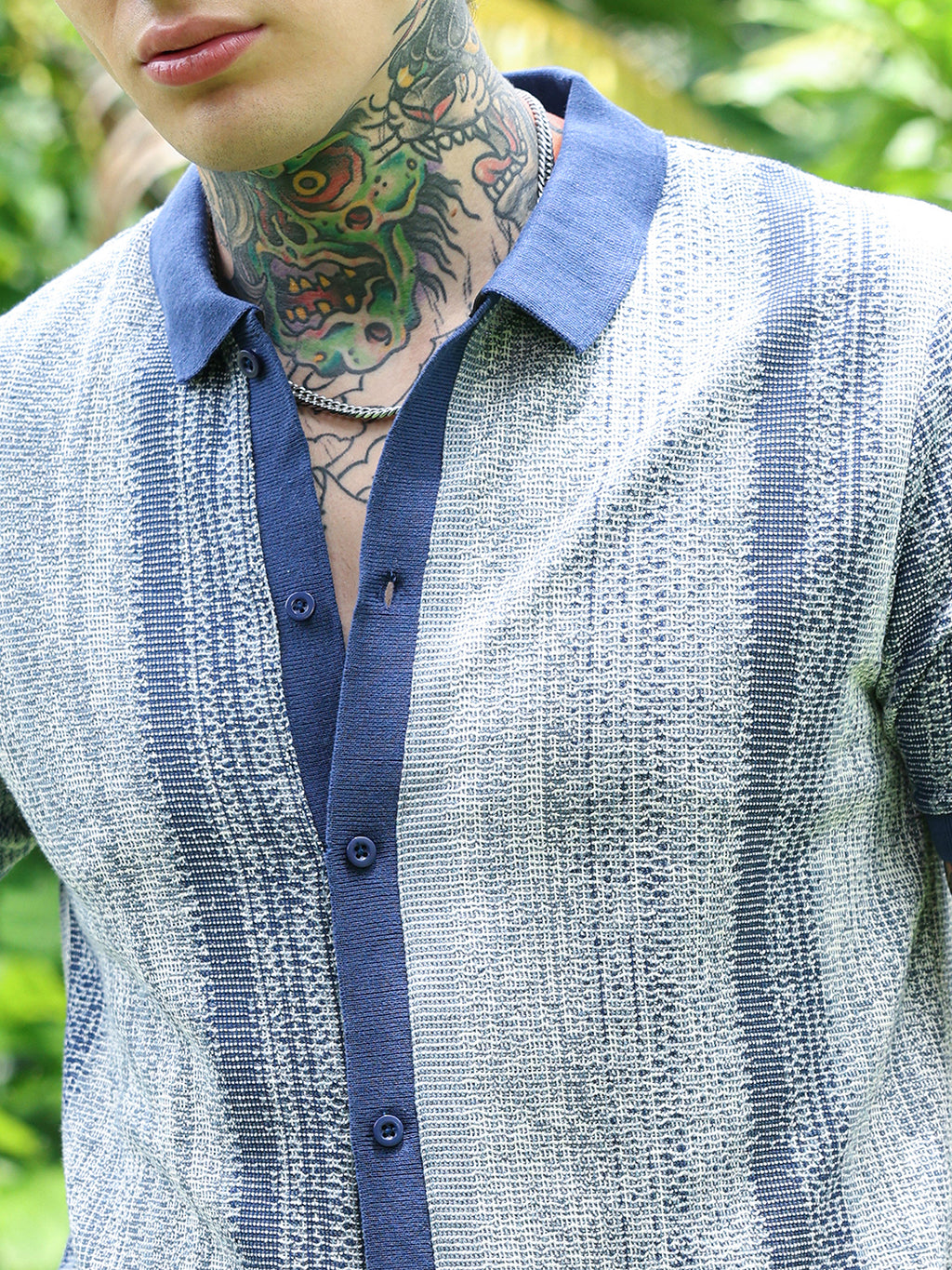 Textured Cotton Blend Cuban Collar Shirt With Vertical Stripes