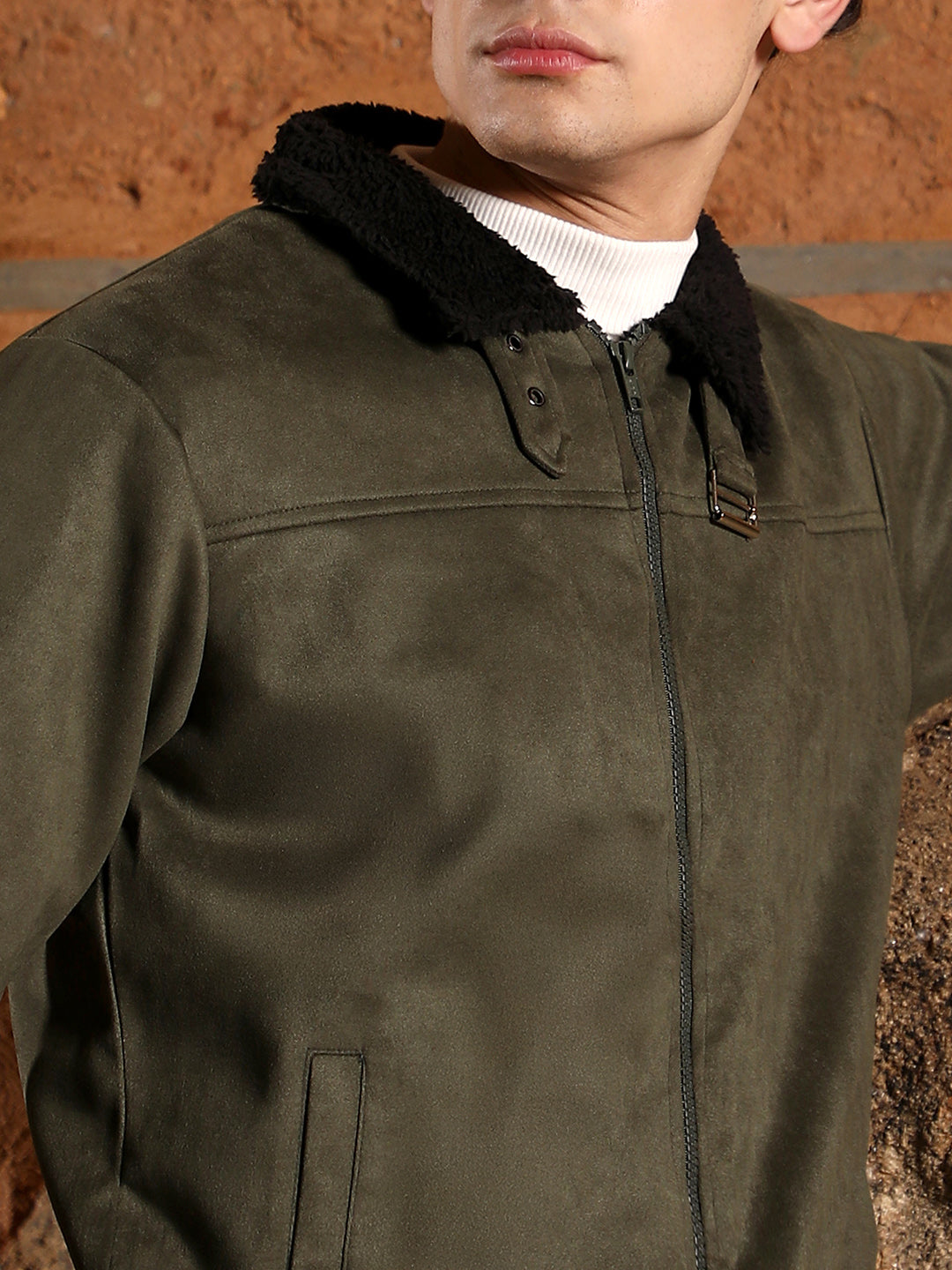 ₹1,799 | Campus Sutra men's Army Green Fur-Lined Suede Bomber