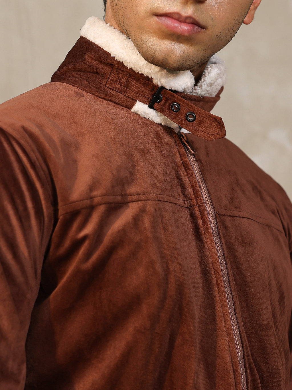 Fur-Lined Suede Bomber Jacket