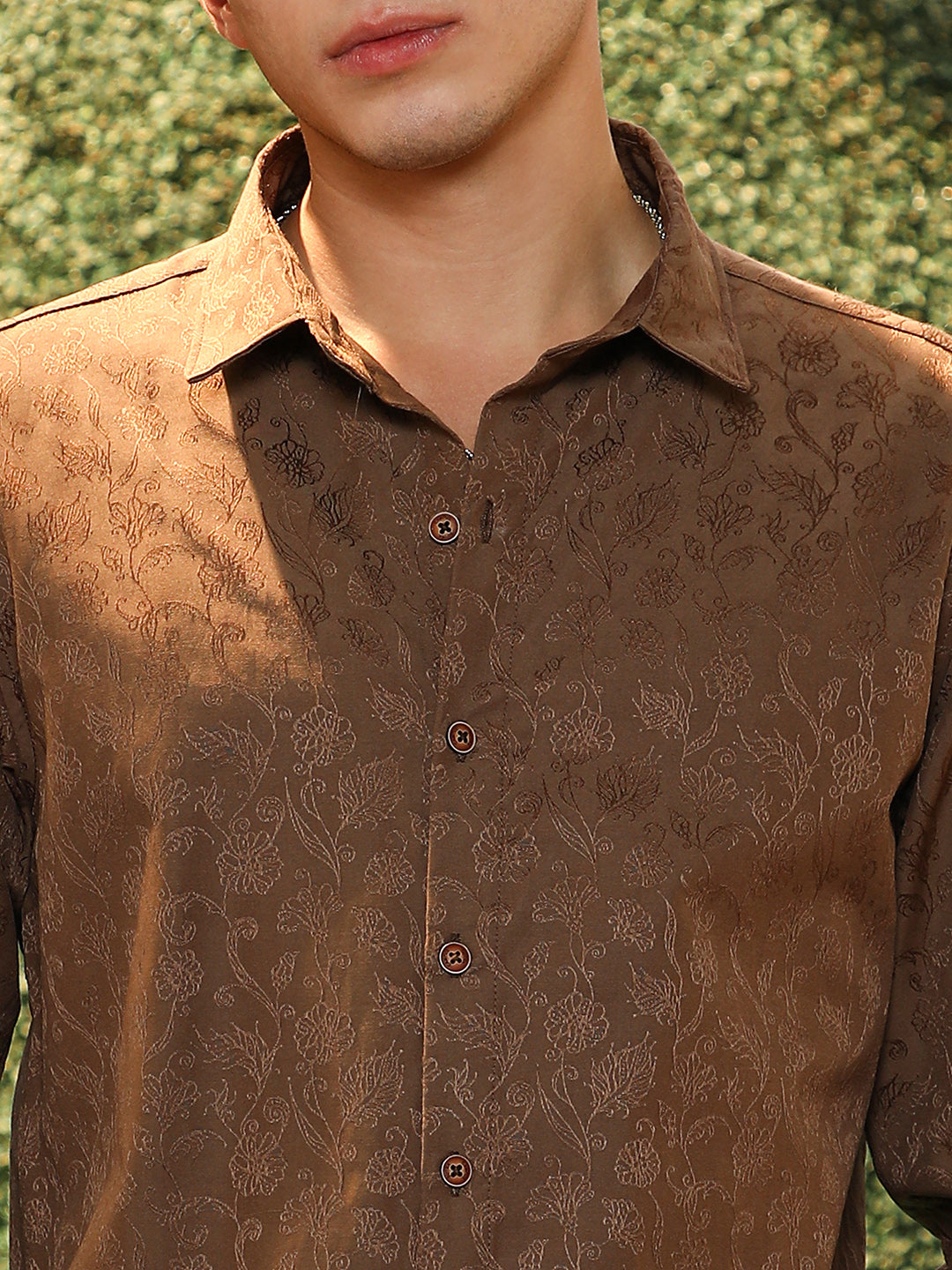 Slim Fit Brown Floral Jacquard Shirt
