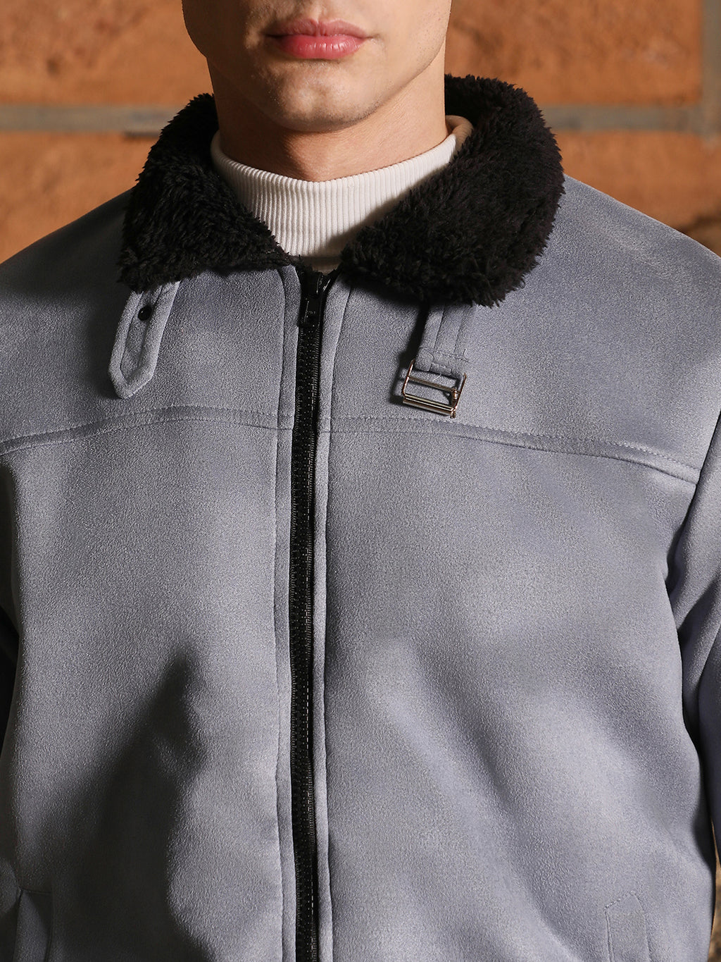 Fur-Lined Suede Bomber Jacket