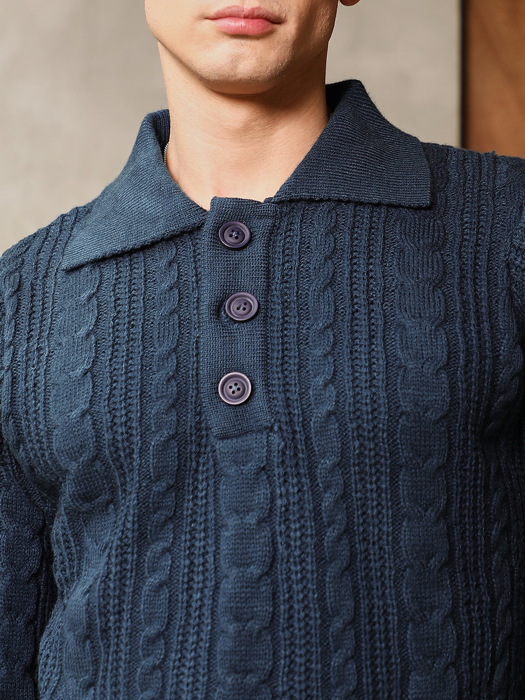 Braid-Knit Collared Sweater