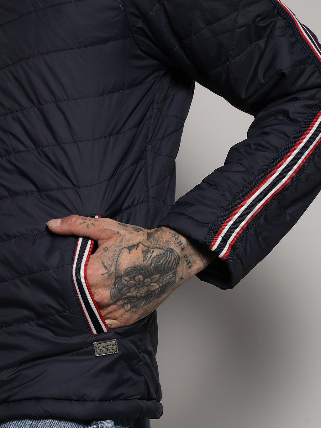 Quilted Puffer Jacket With Contrast Striped Sleeve