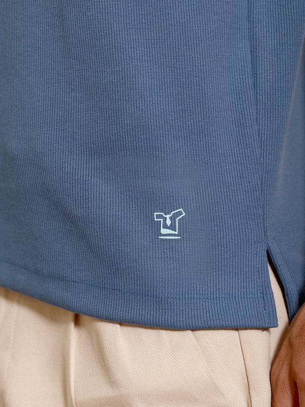 Blue Ribbed Knit Short Sleeve Polo T-Shirt