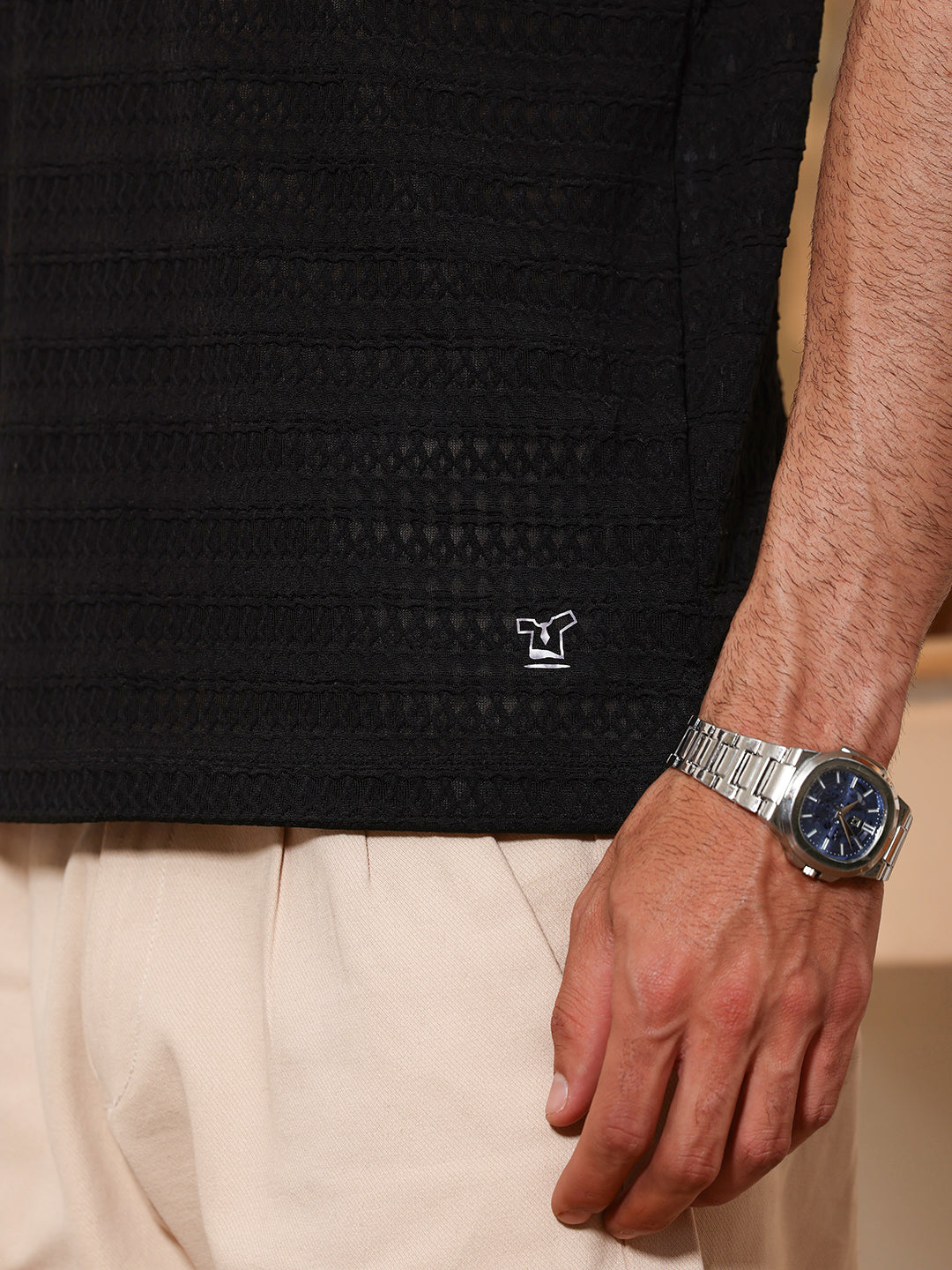 Black Textured Polo T-shirt with Contrast Tipping