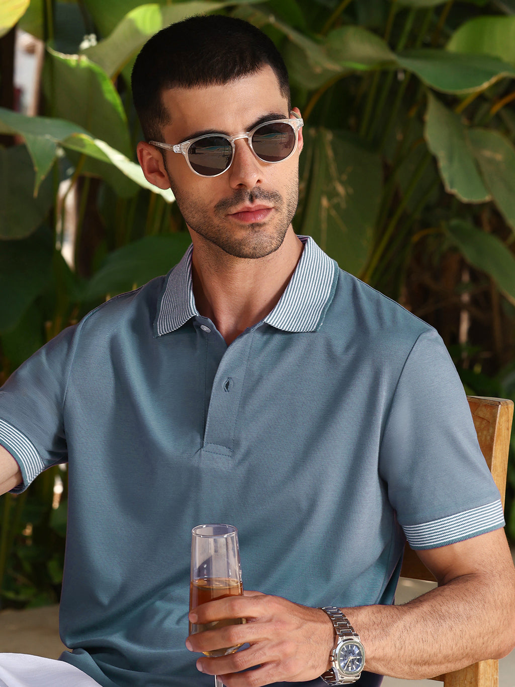 Blue Striped Collar Regular Fit Polycotton Polo T-Shirt