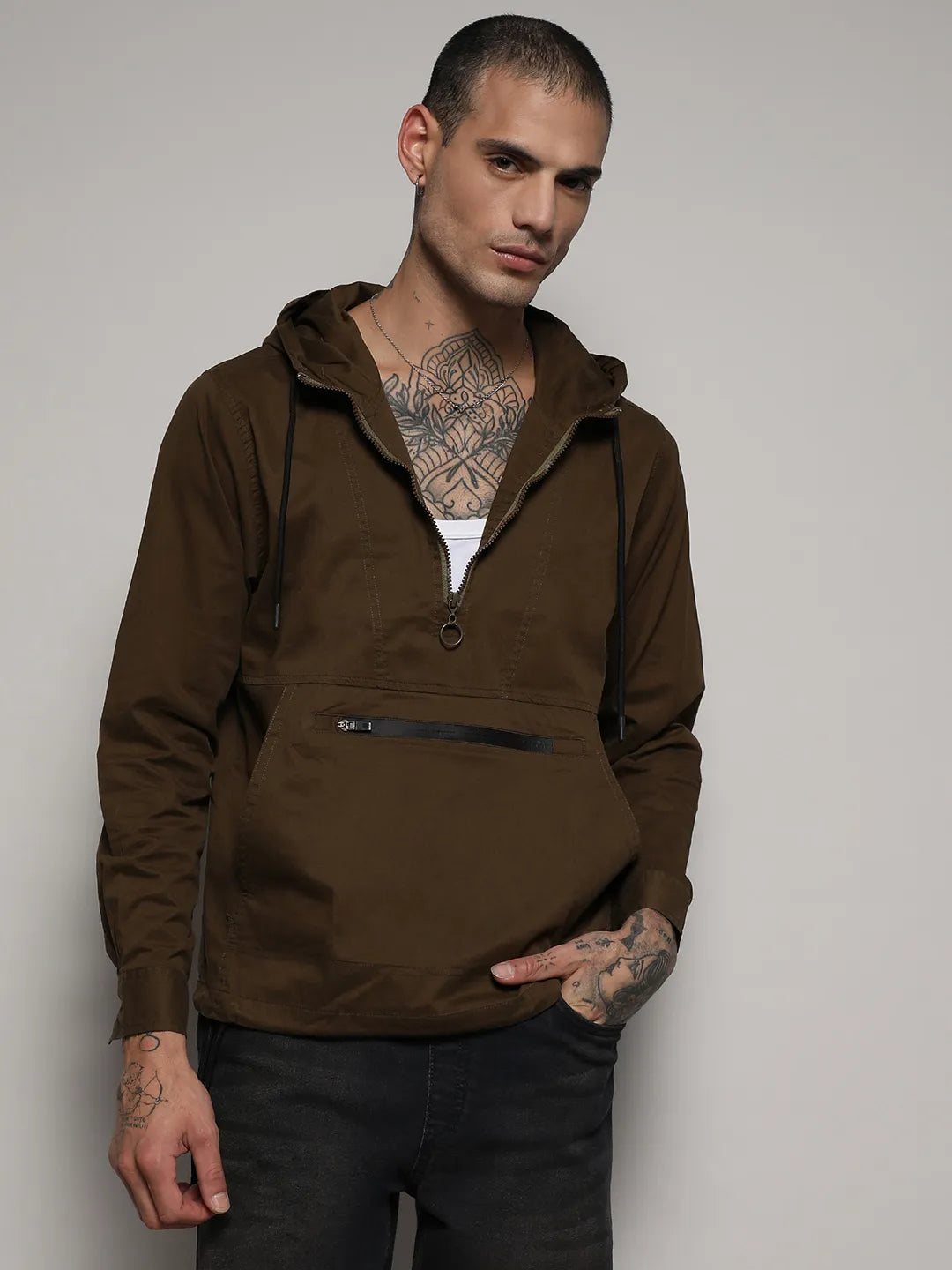 Half-Zip Utility Jacket With Contrast Drawstring