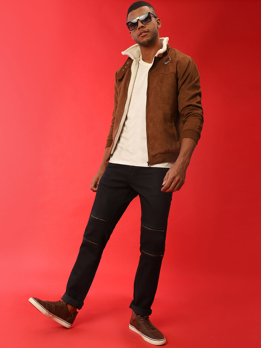 Fur-Lined Suede Bomber Jacket