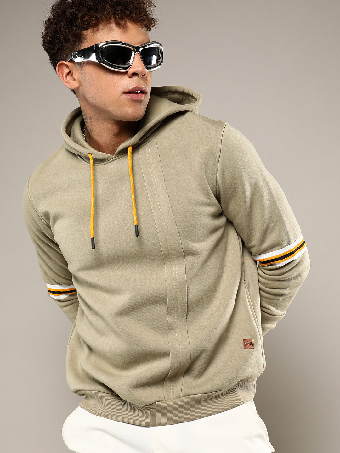 Pullover Hoodie With Contrast Striped Sleeve