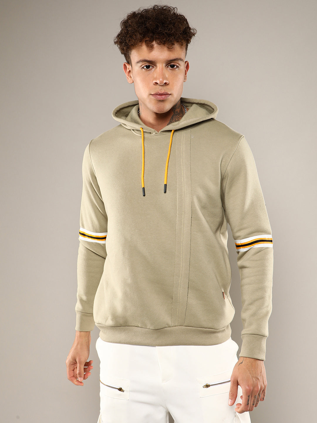 Pullover Hoodie With Contrast Striped Sleeve