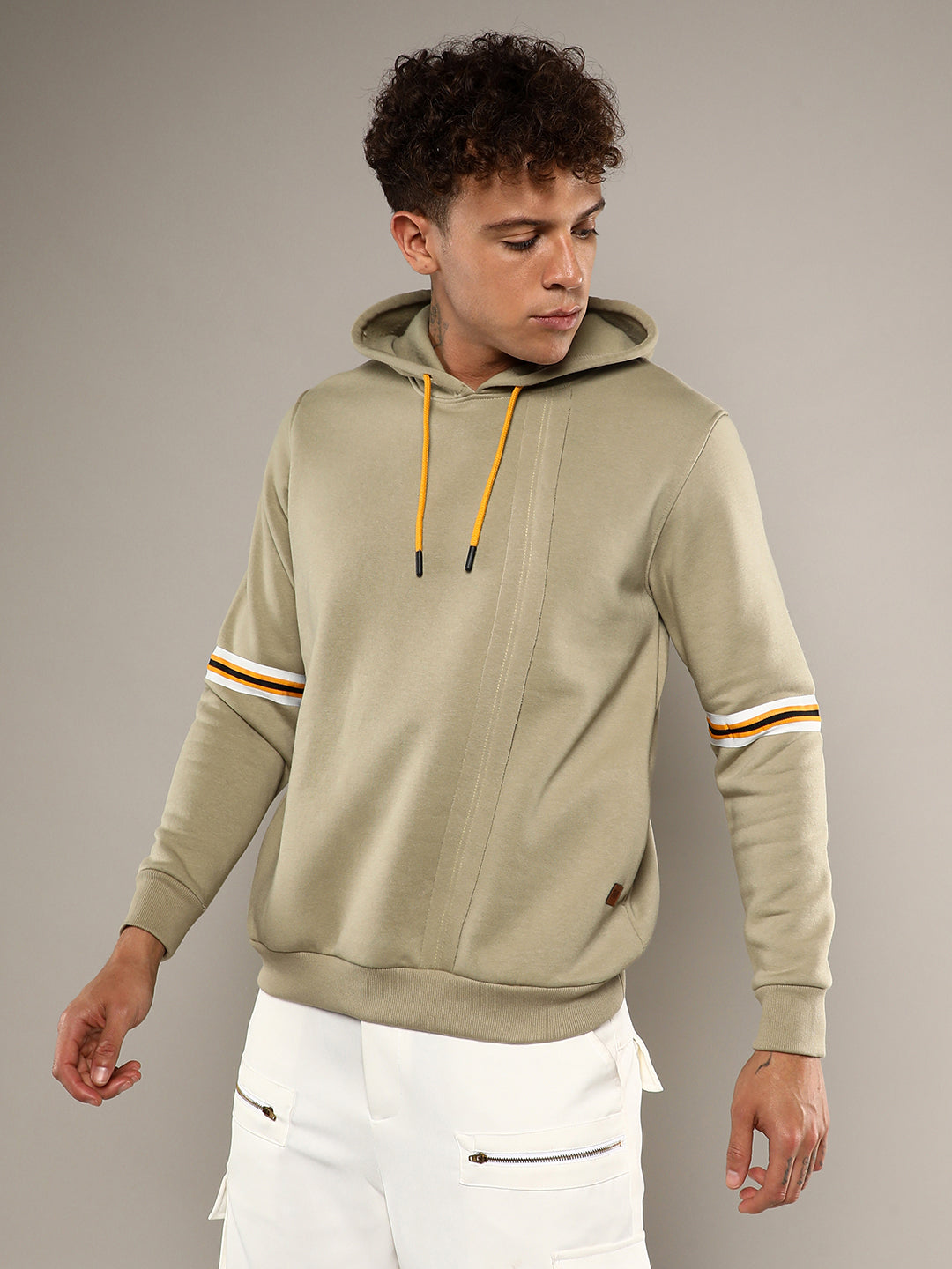 Pullover Hoodie With Contrast Striped Sleeve