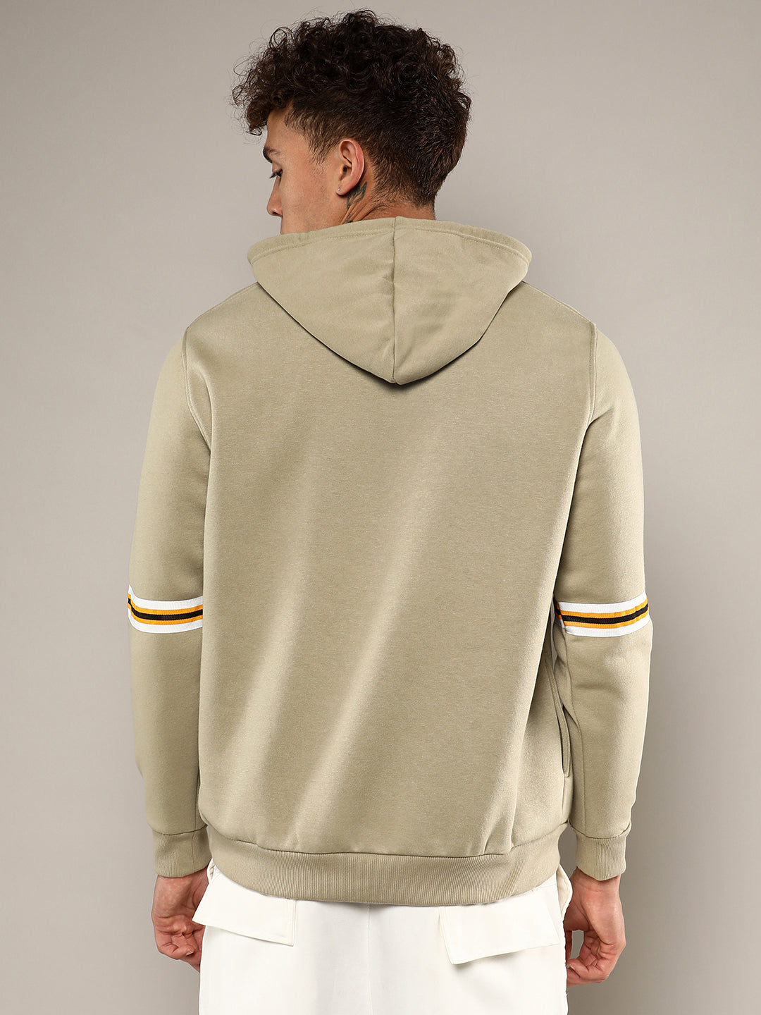 Pullover Hoodie With Contrast Striped Sleeve