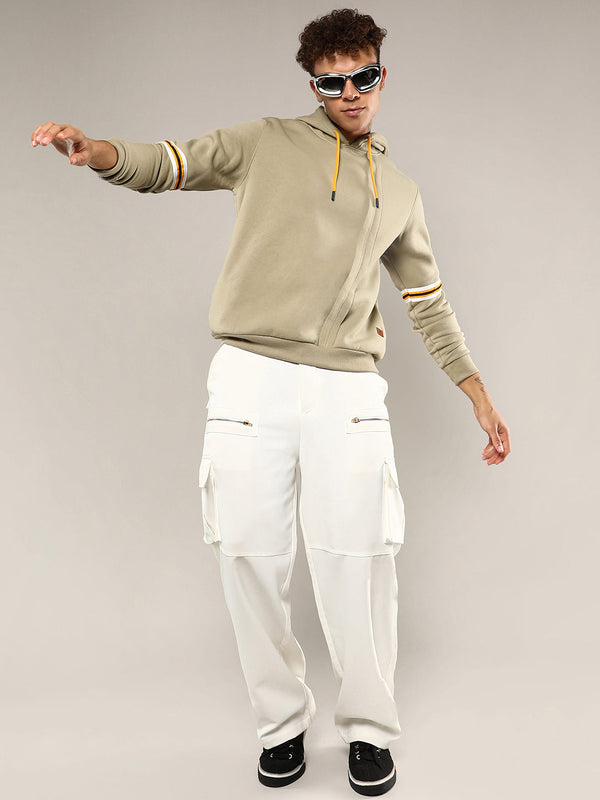 Pullover Hoodie With Contrast Striped Sleeve