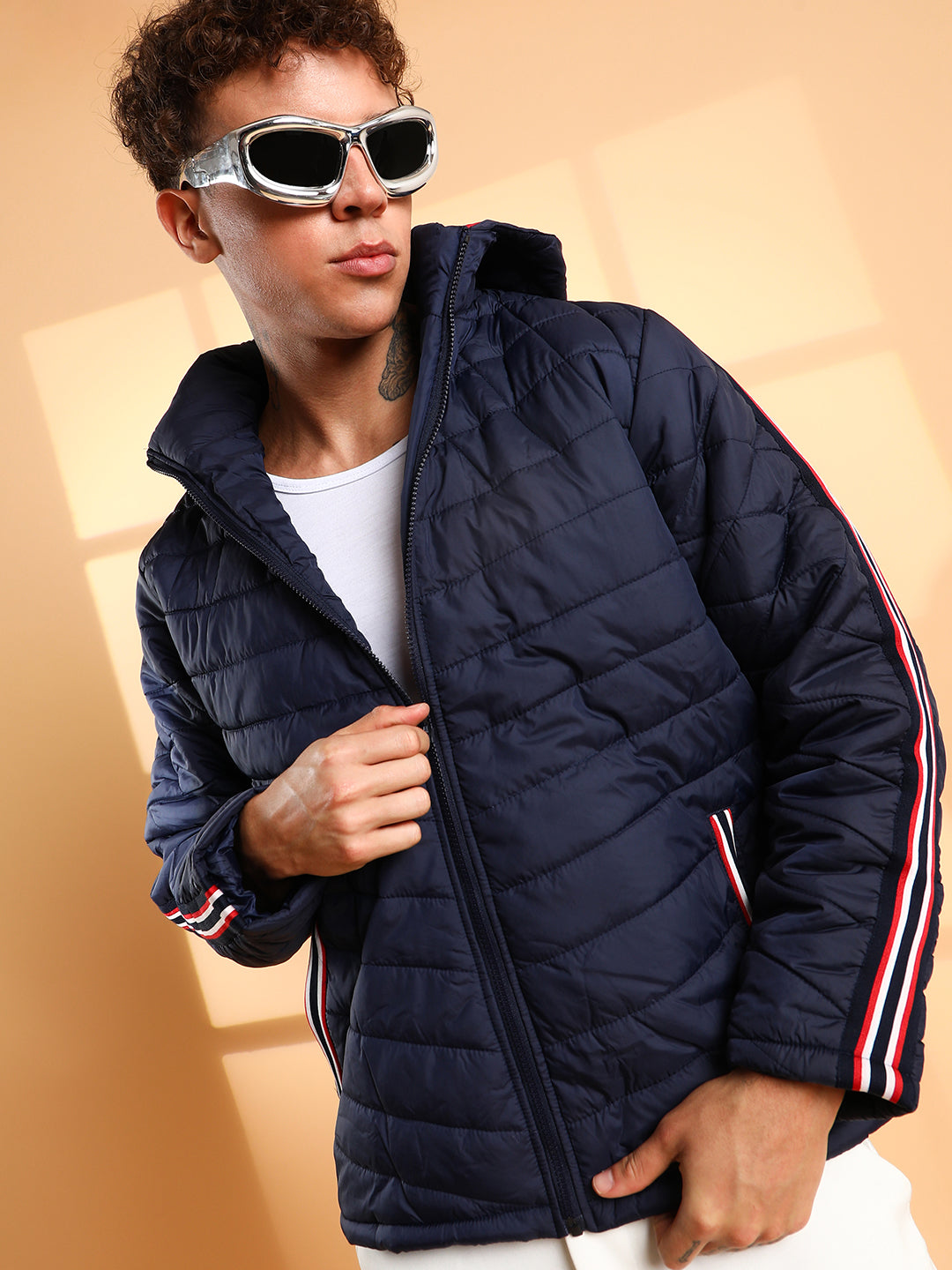 Quilted Puffer Jacket With Contrast Striped Sleeve