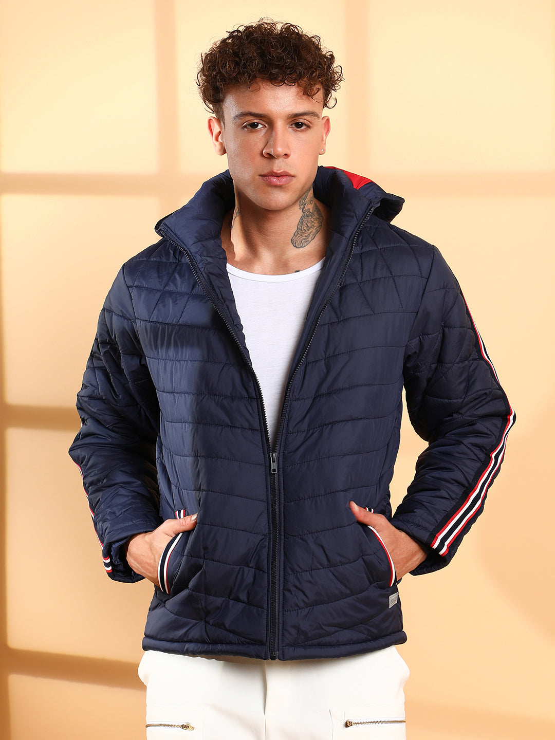 Quilted Puffer Jacket With Contrast Striped Sleeve