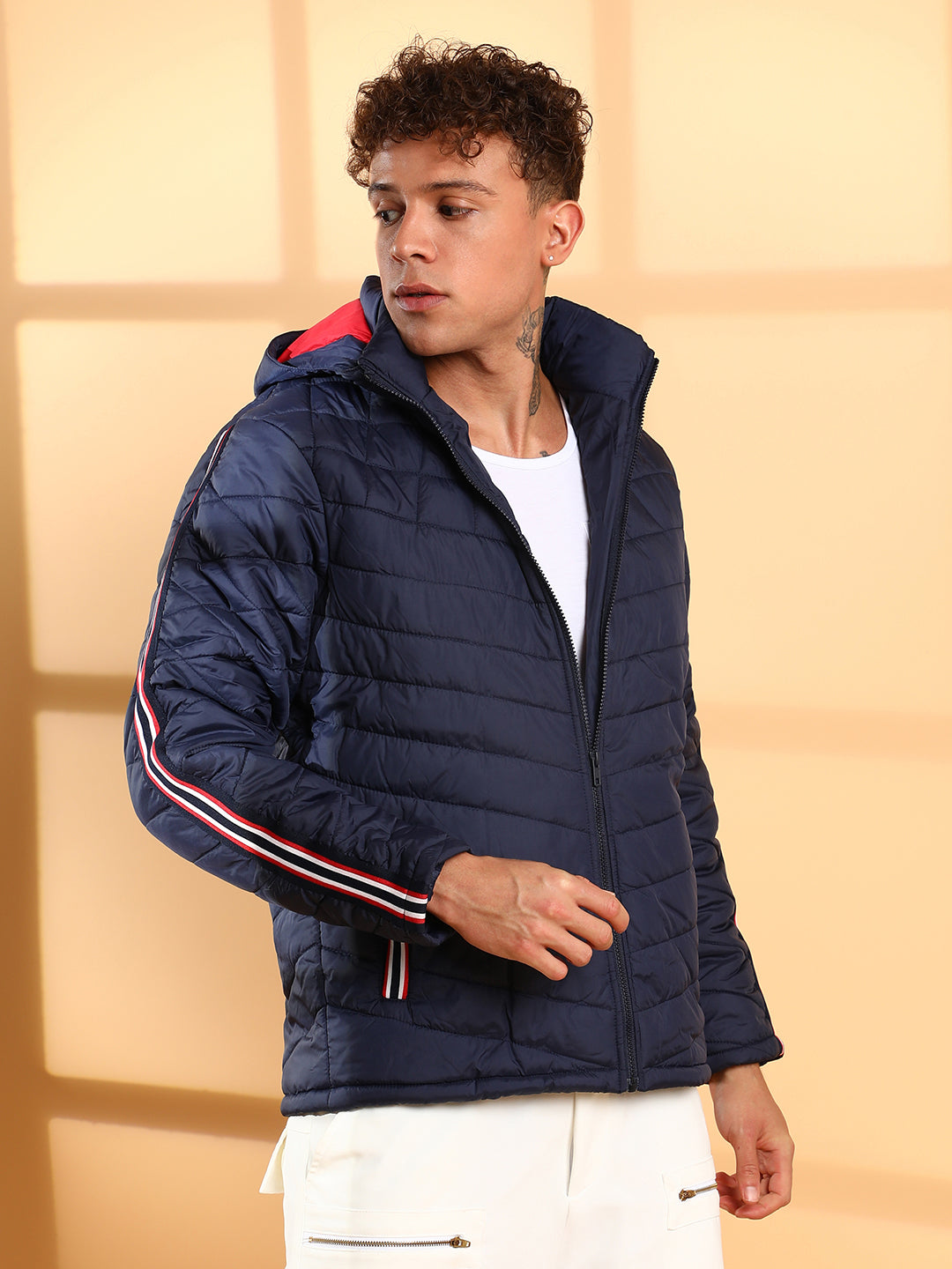 Quilted Puffer Jacket With Contrast Striped Sleeve