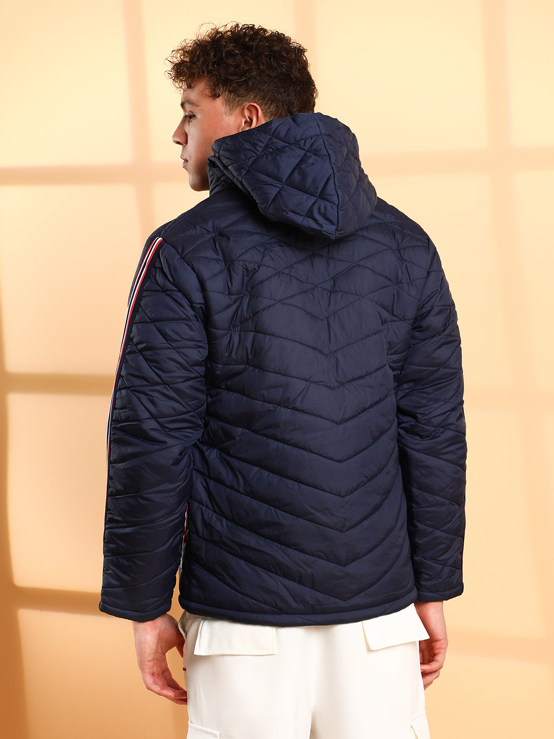 Quilted Puffer Jacket With Contrast Striped Sleeve