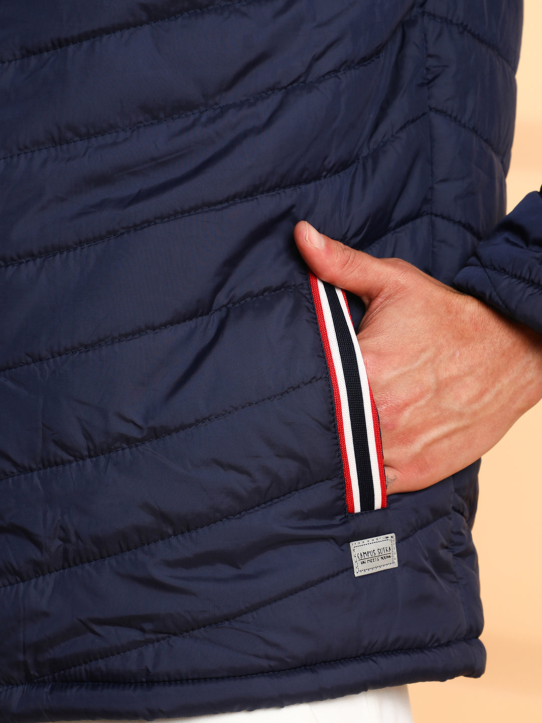 Quilted Puffer Jacket With Contrast Striped Sleeve