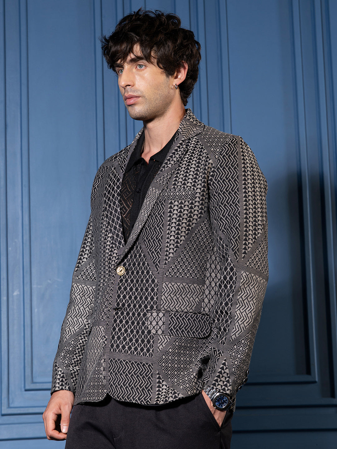 Tailored Geometric-Block Jacquard Blazer