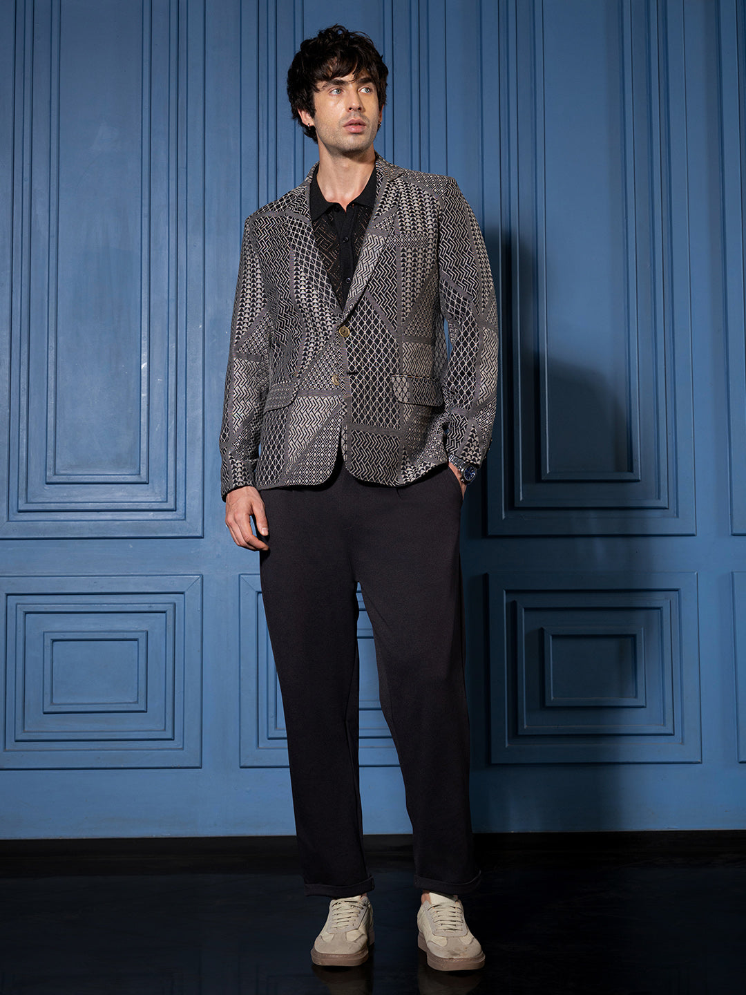 Tailored Geometric-Block Jacquard Blazer