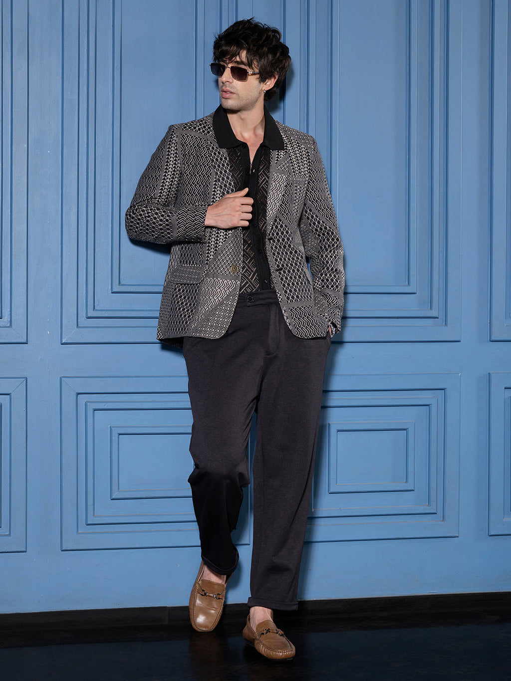 Tailored Geometric-Block Jacquard Blazer