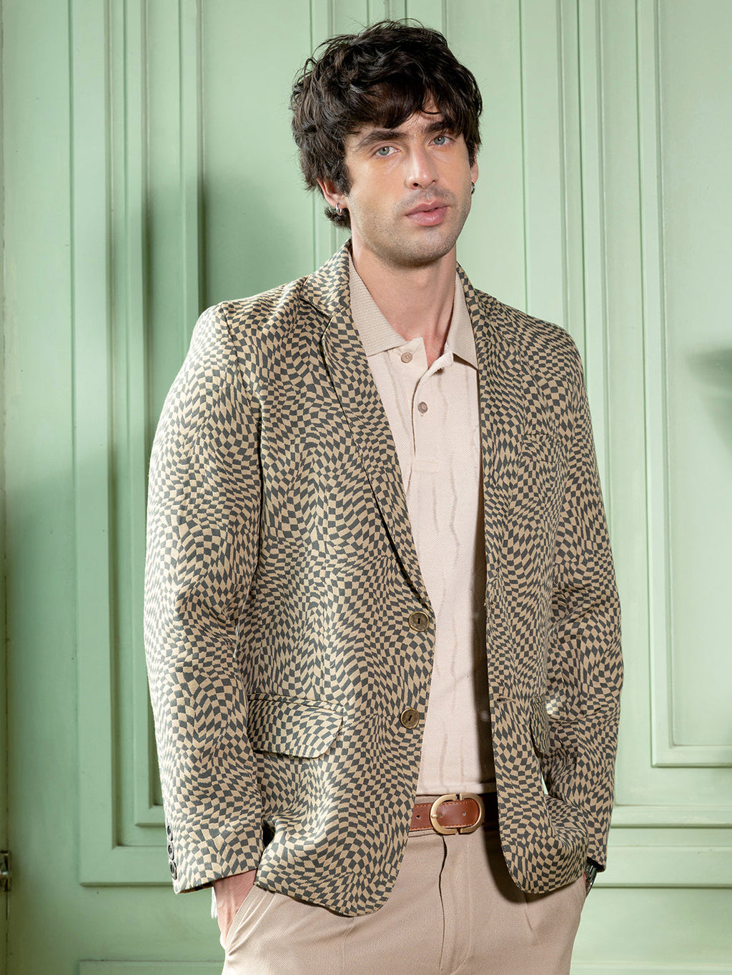 Tailored Curved-Check Jacquard Blazer