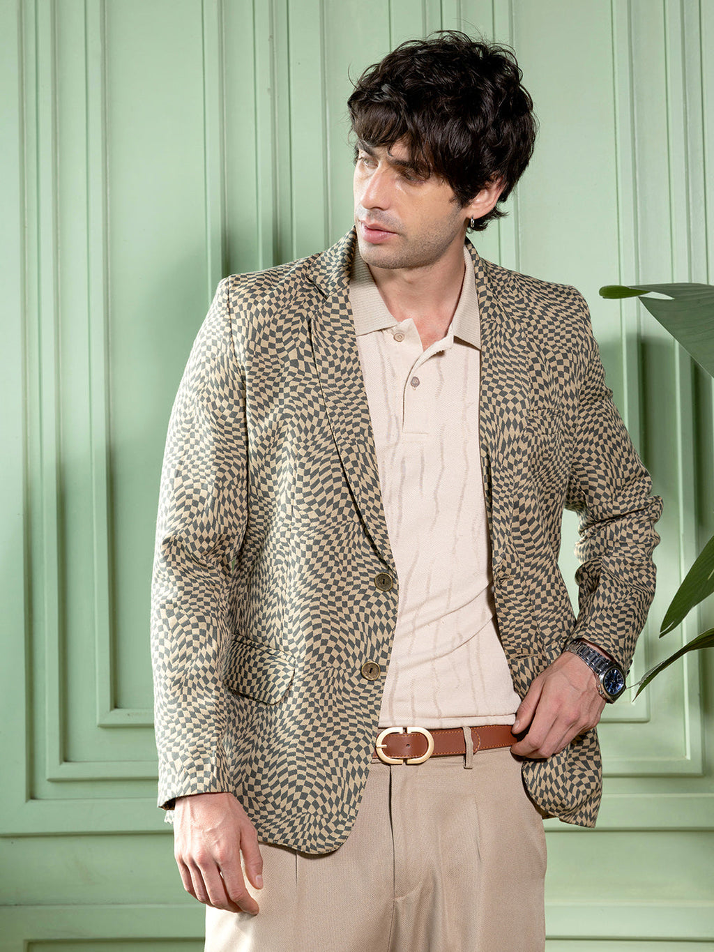 Tailored Curved-Check Jacquard Blazer