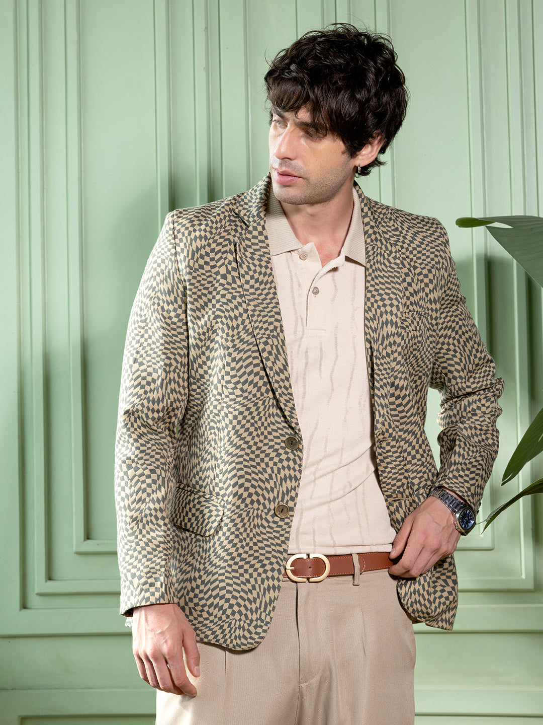 Tailored Curved-Check Jacquard Blazer
