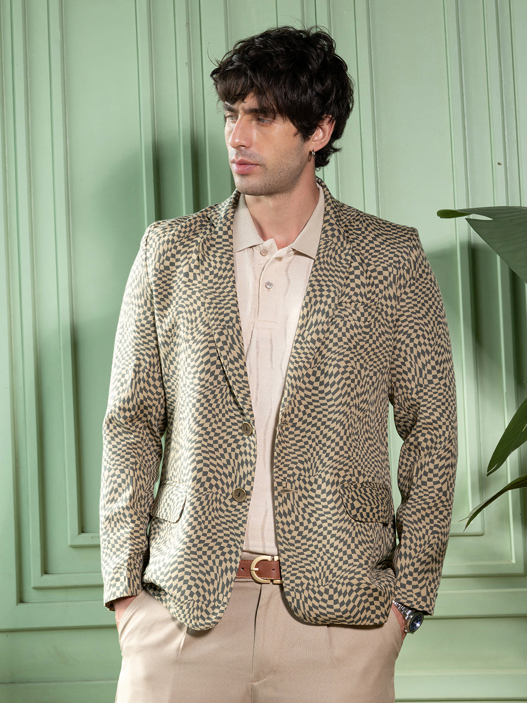 Tailored Curved-Check Jacquard Blazer