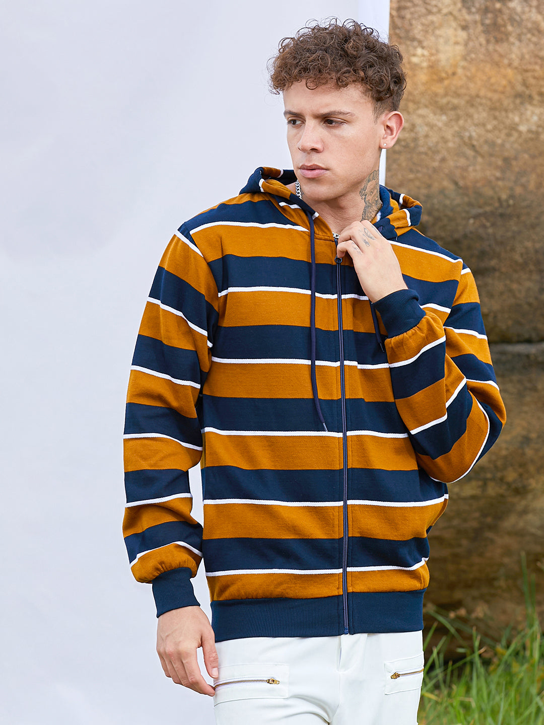 Men's Horizontal Striped Zip-Front Hoodie