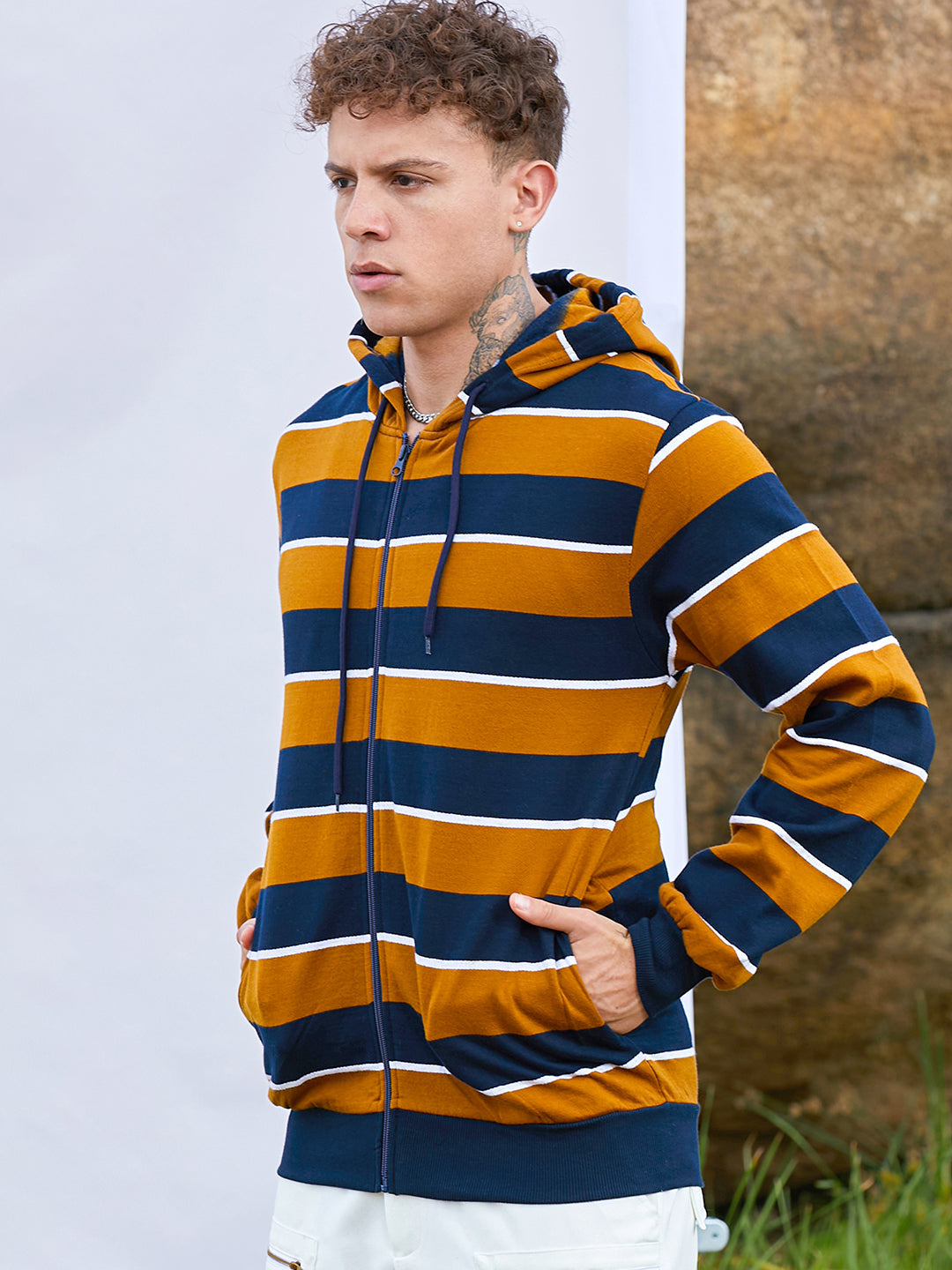 Men's Horizontal Striped Zip-Front Hoodie