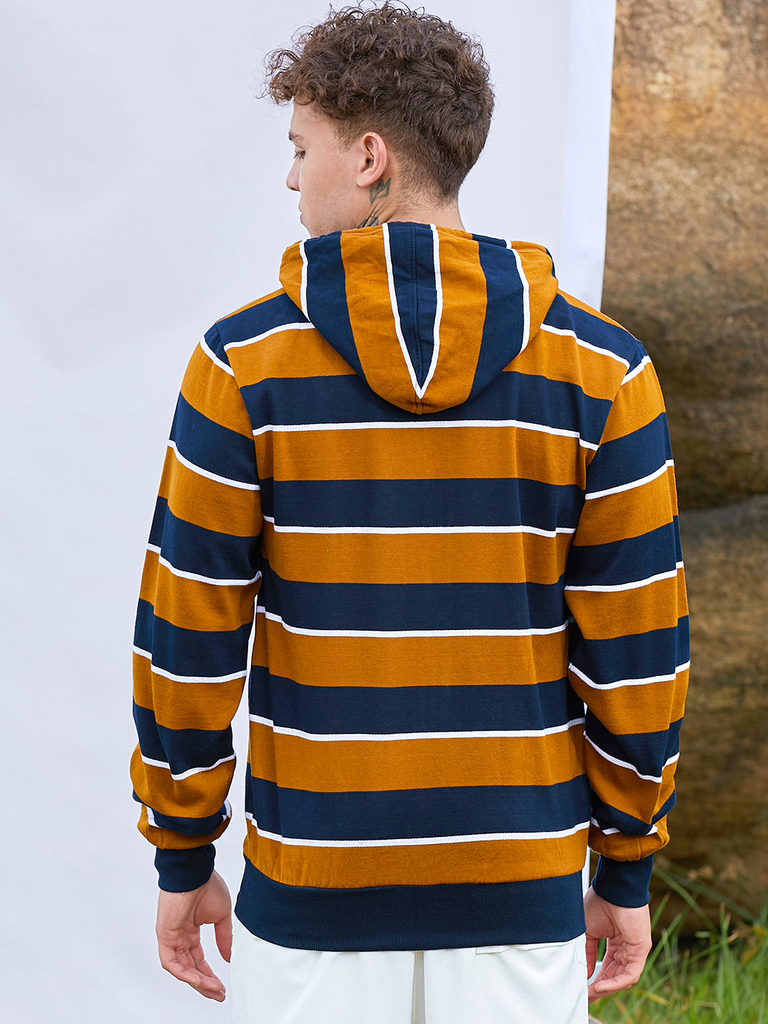 Men's Horizontal Striped Zip-Front Hoodie