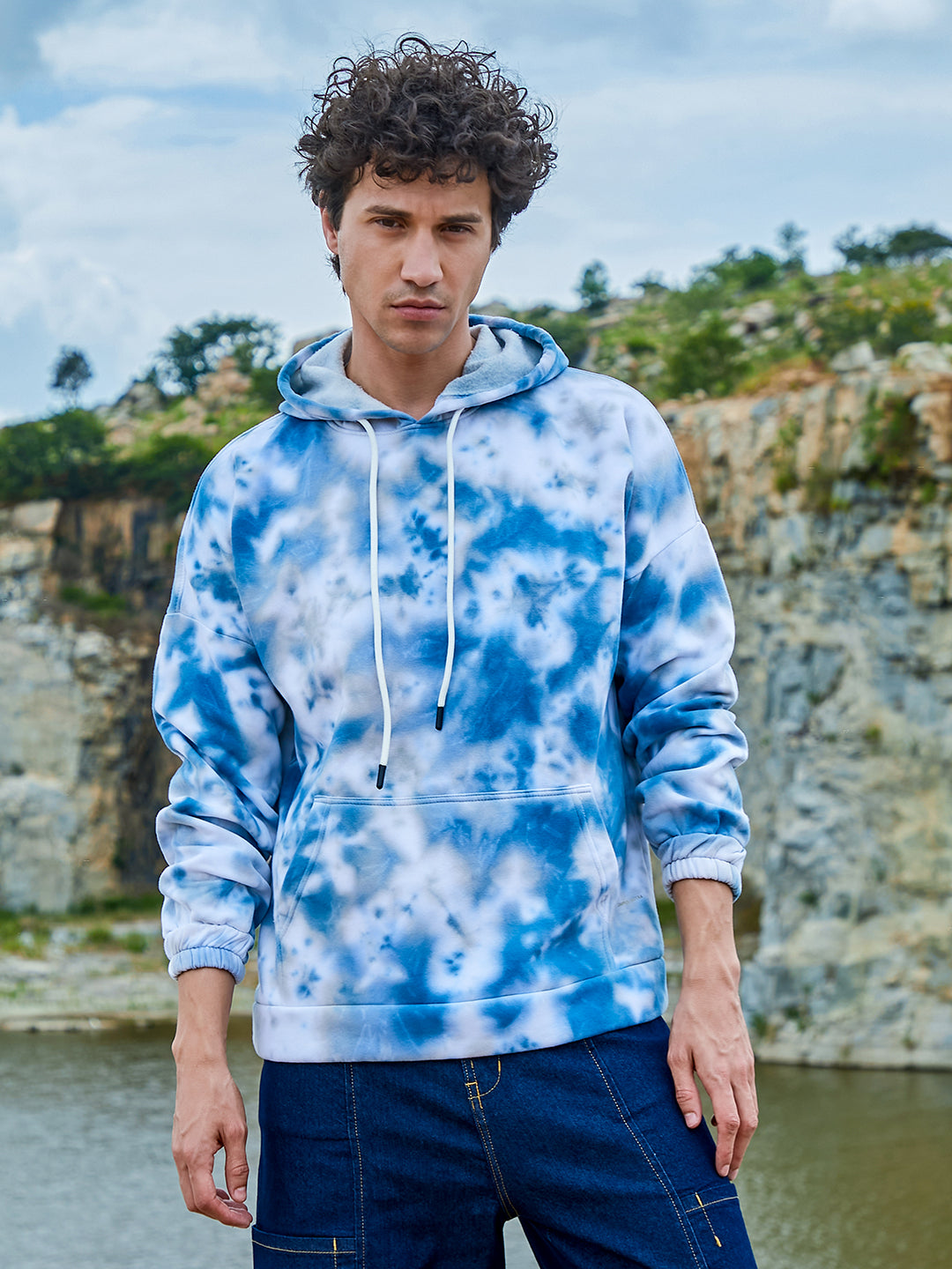 Rs. 1,249 | Campus Sutra men's White \u0026 Indigo Blue Tie-Dye Oversized Hoodie  With Kangaroo Pocket - Campussutra