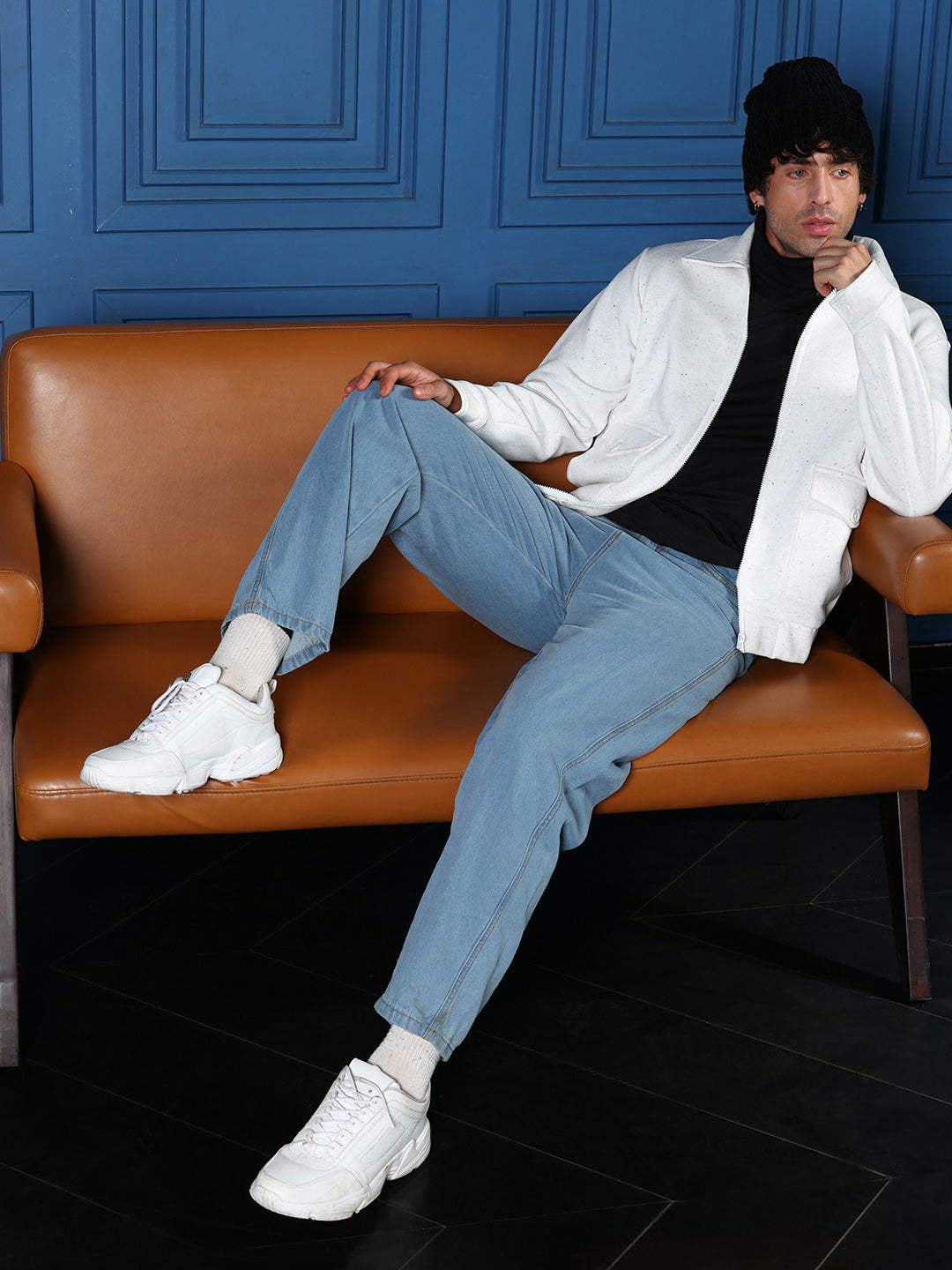 ₹1,799 | Campus Sutra Men's Cream White Zip-Front Knit Jacket