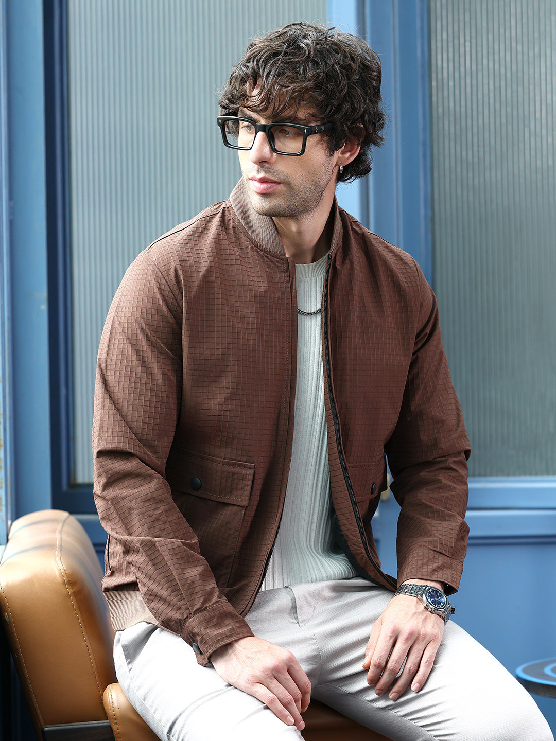 Zip-Front Waffle Bomber Jacket