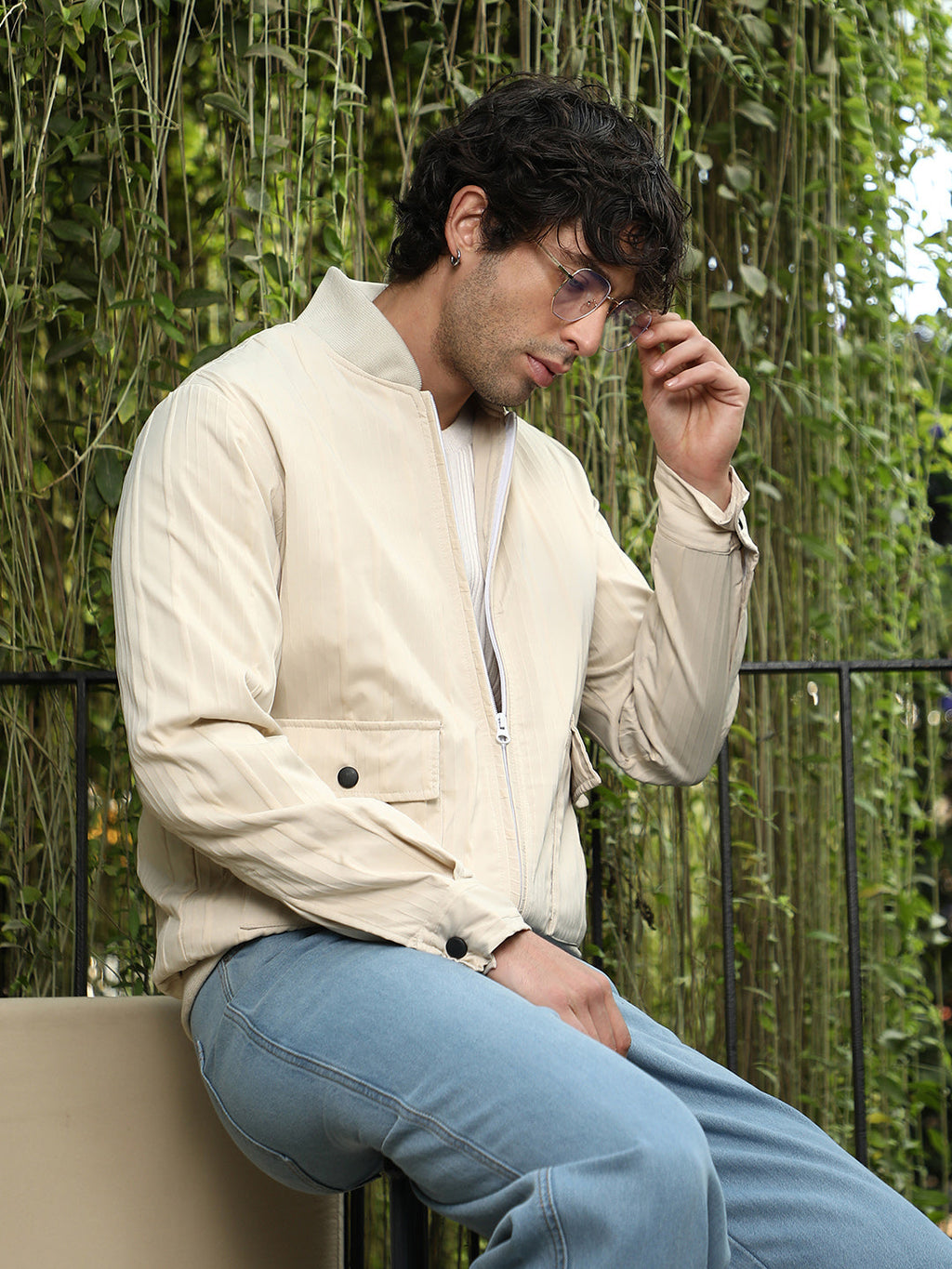 Zip-Front Stripe-Tactile Bomber Jacket