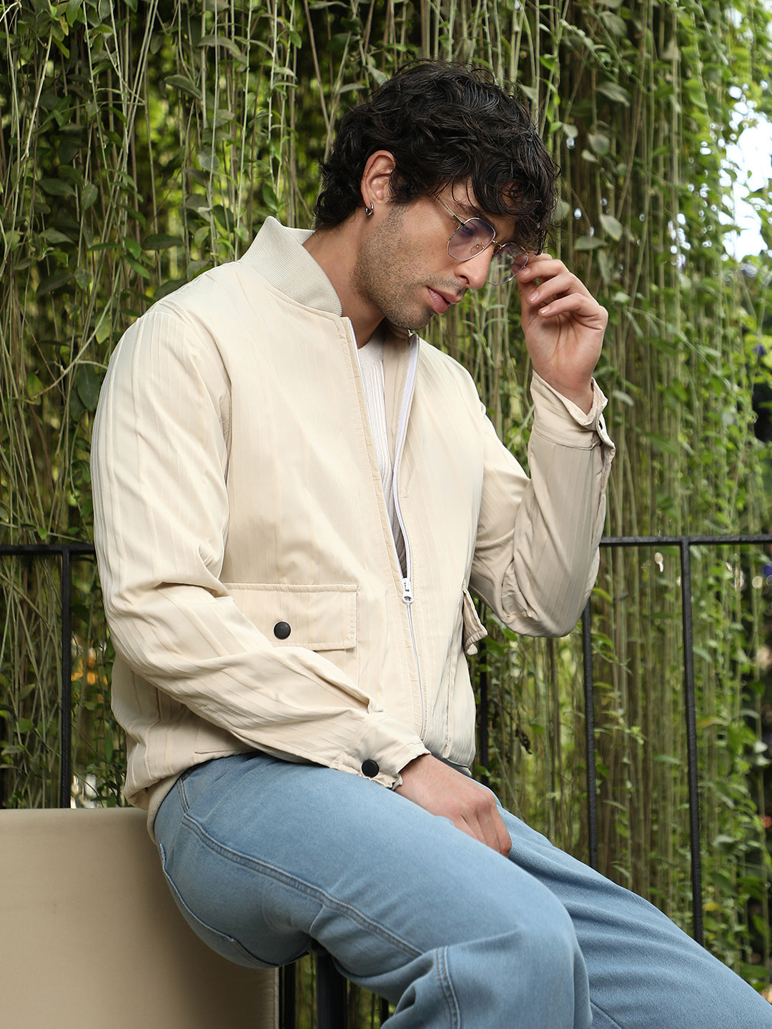 Zip-Front Stripe-Tactile Bomber Jacket