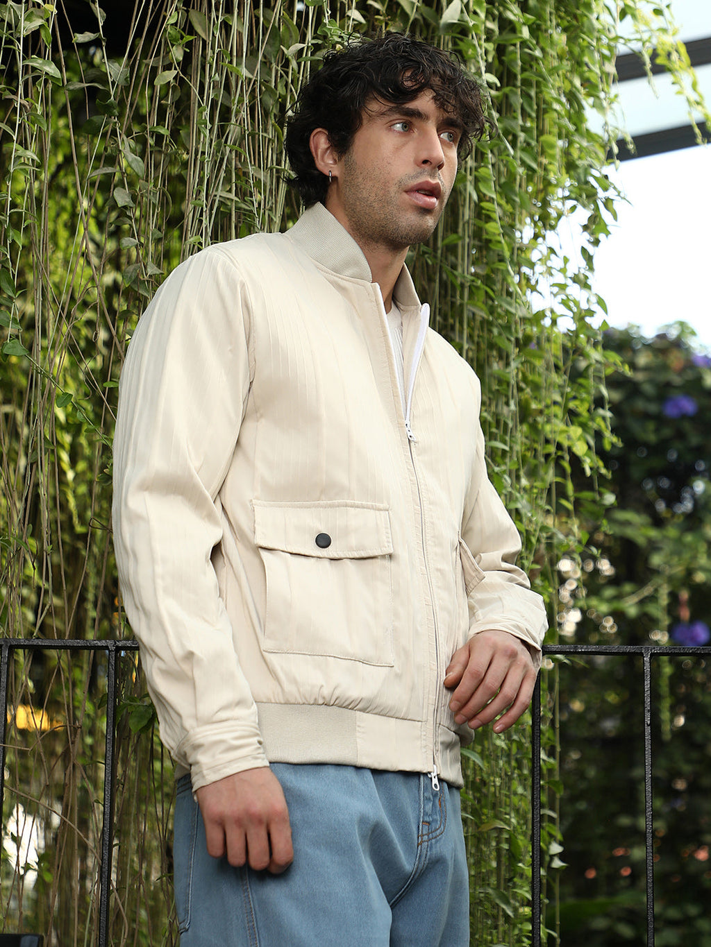 Zip-Front Stripe-Tactile Bomber Jacket