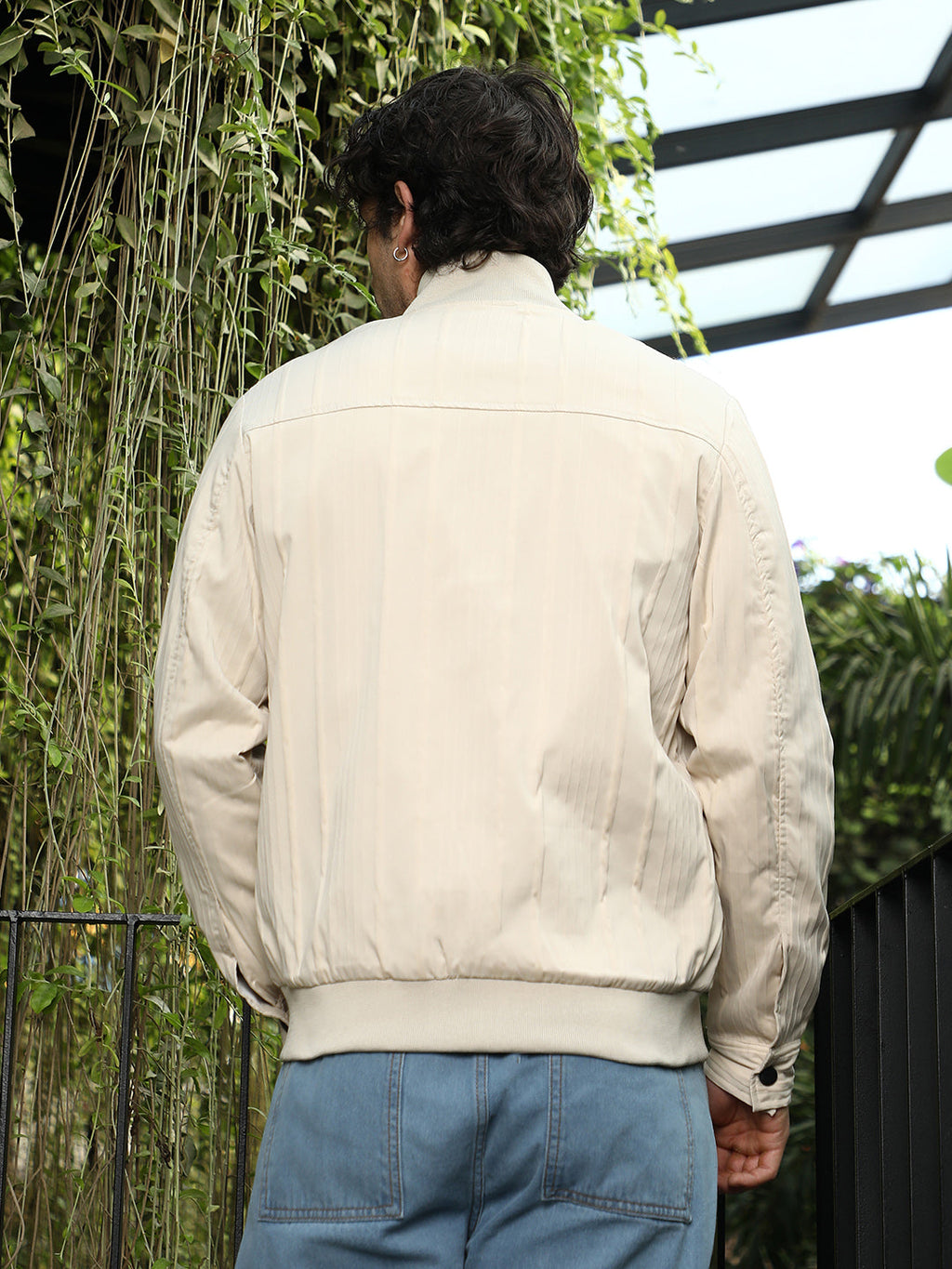 Zip-Front Stripe-Tactile Bomber Jacket