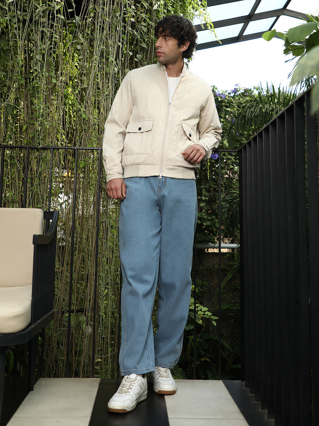 Zip-Front Stripe-Tactile Bomber Jacket