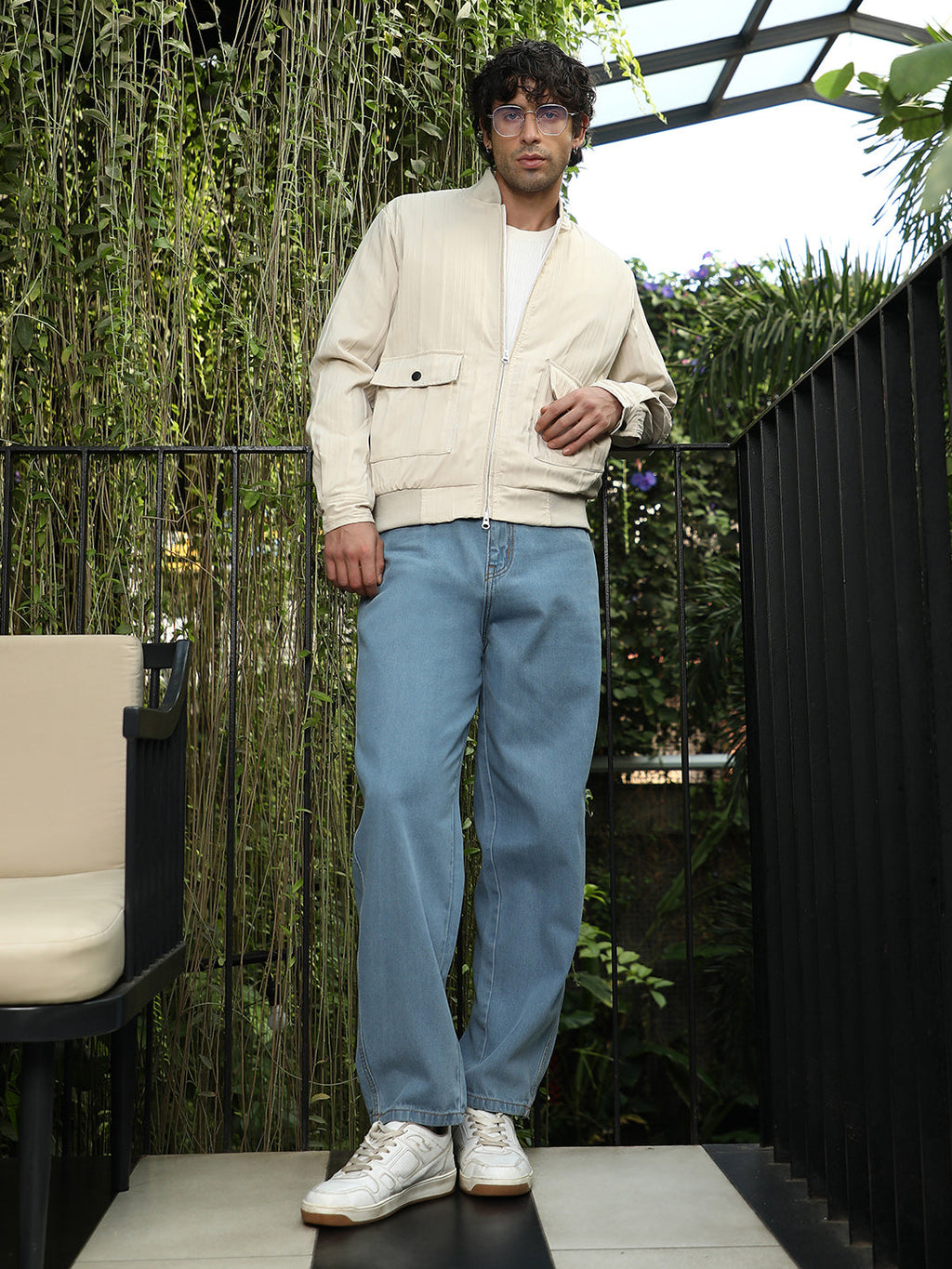 Zip-Front Stripe-Tactile Bomber Jacket