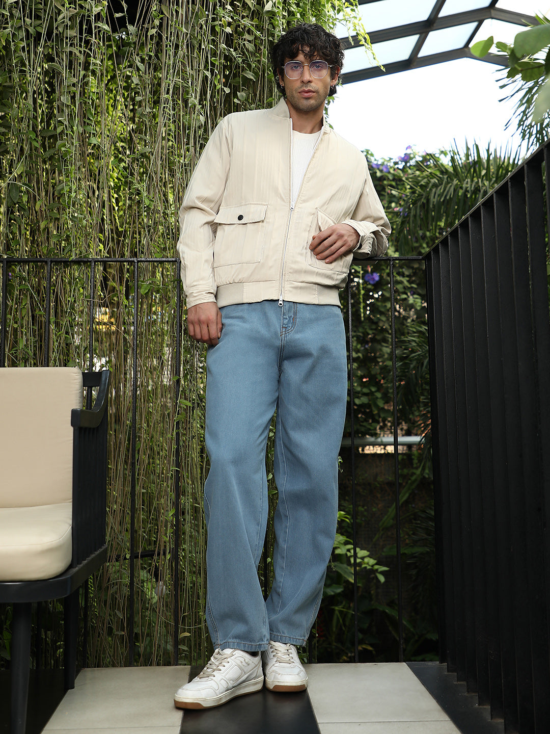 Zip-Front Stripe-Tactile Bomber Jacket