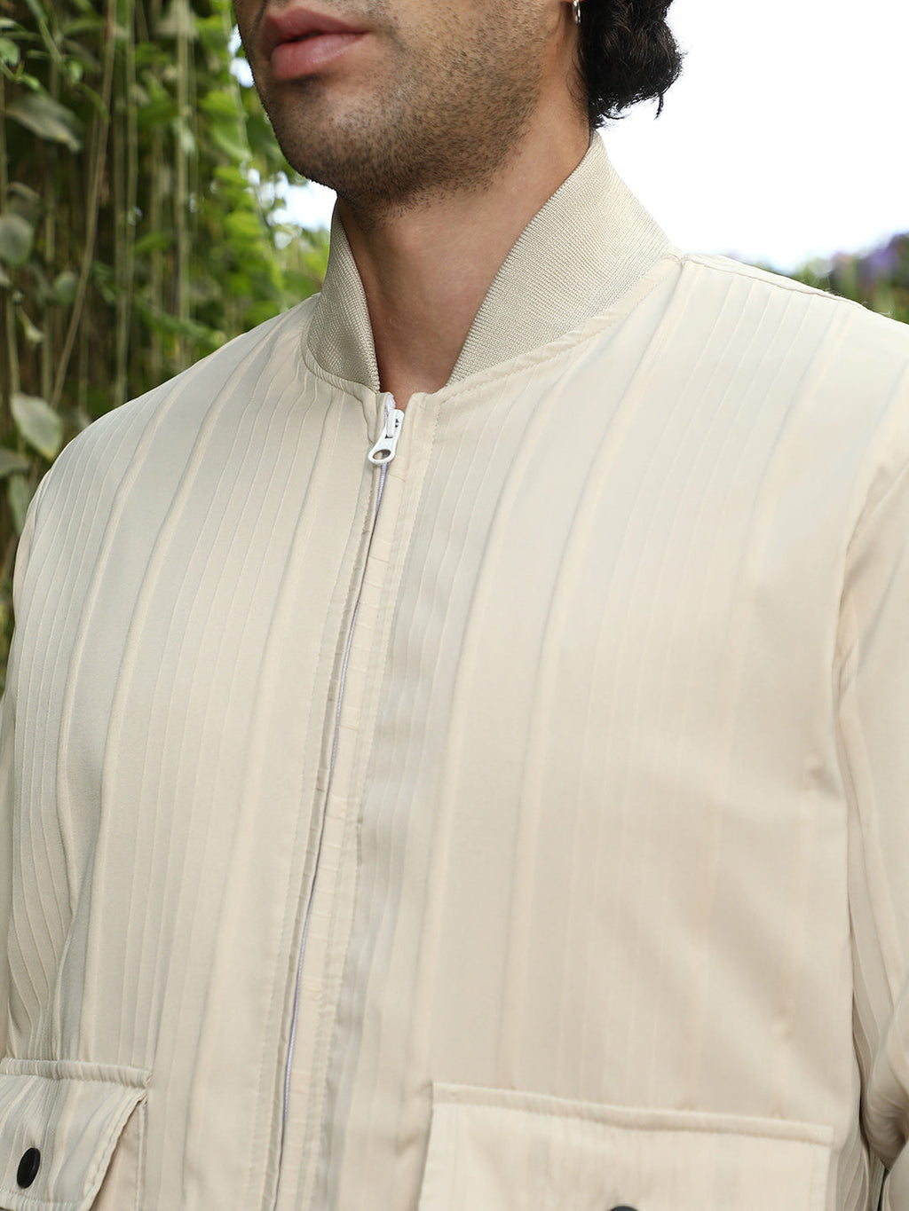 Zip-Front Stripe-Tactile Bomber Jacket