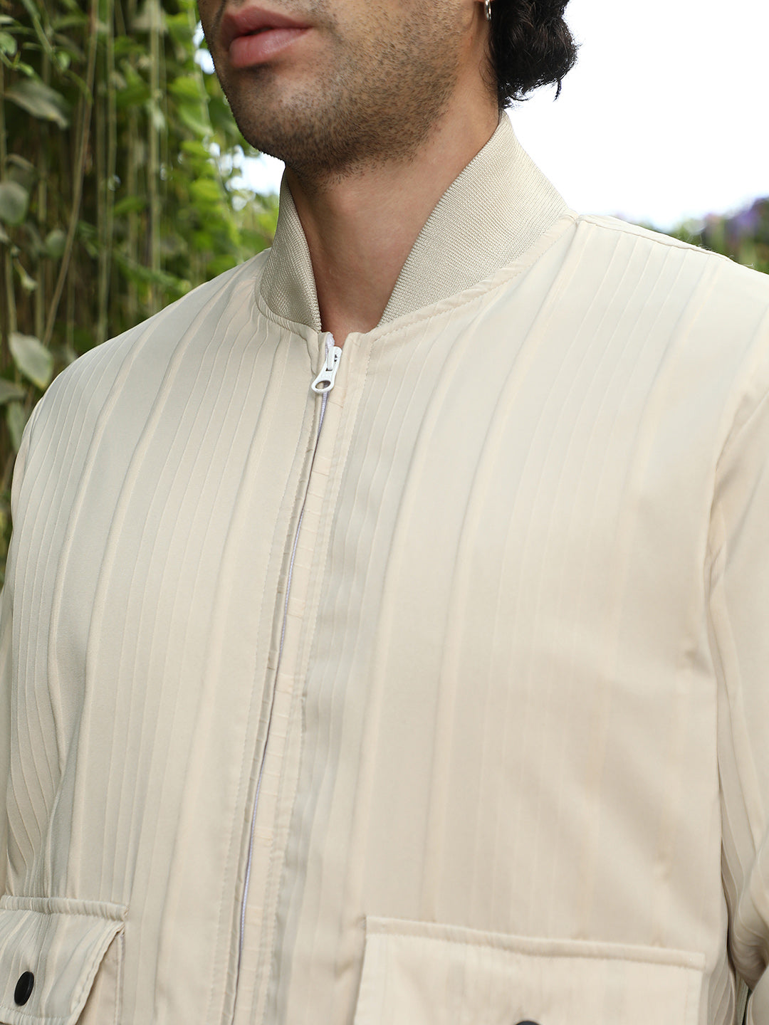 Zip-Front Stripe-Tactile Bomber Jacket