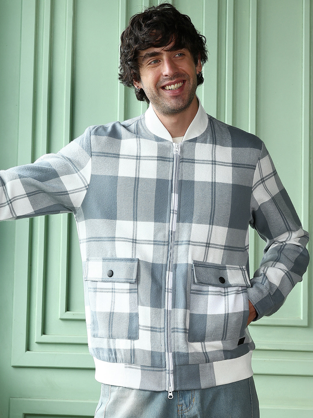 Zip-Front Tartan Bomber Jacket